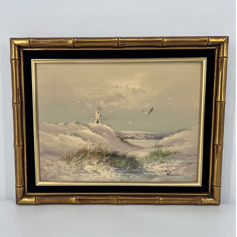 Vintage Signed Runci Coastal Lighthouse Seagulls Painting Framed Bamboo Style